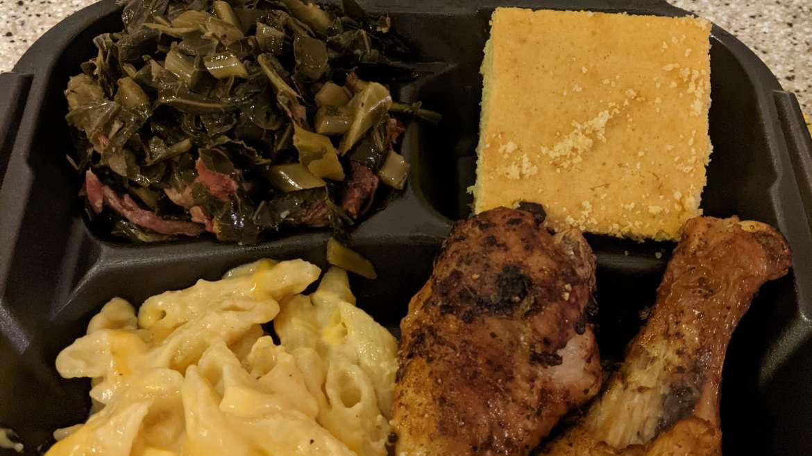 Fried (Air) Chicken with Mac and Cheese, Collard Greens, and Cornbread The Moore's Cafe